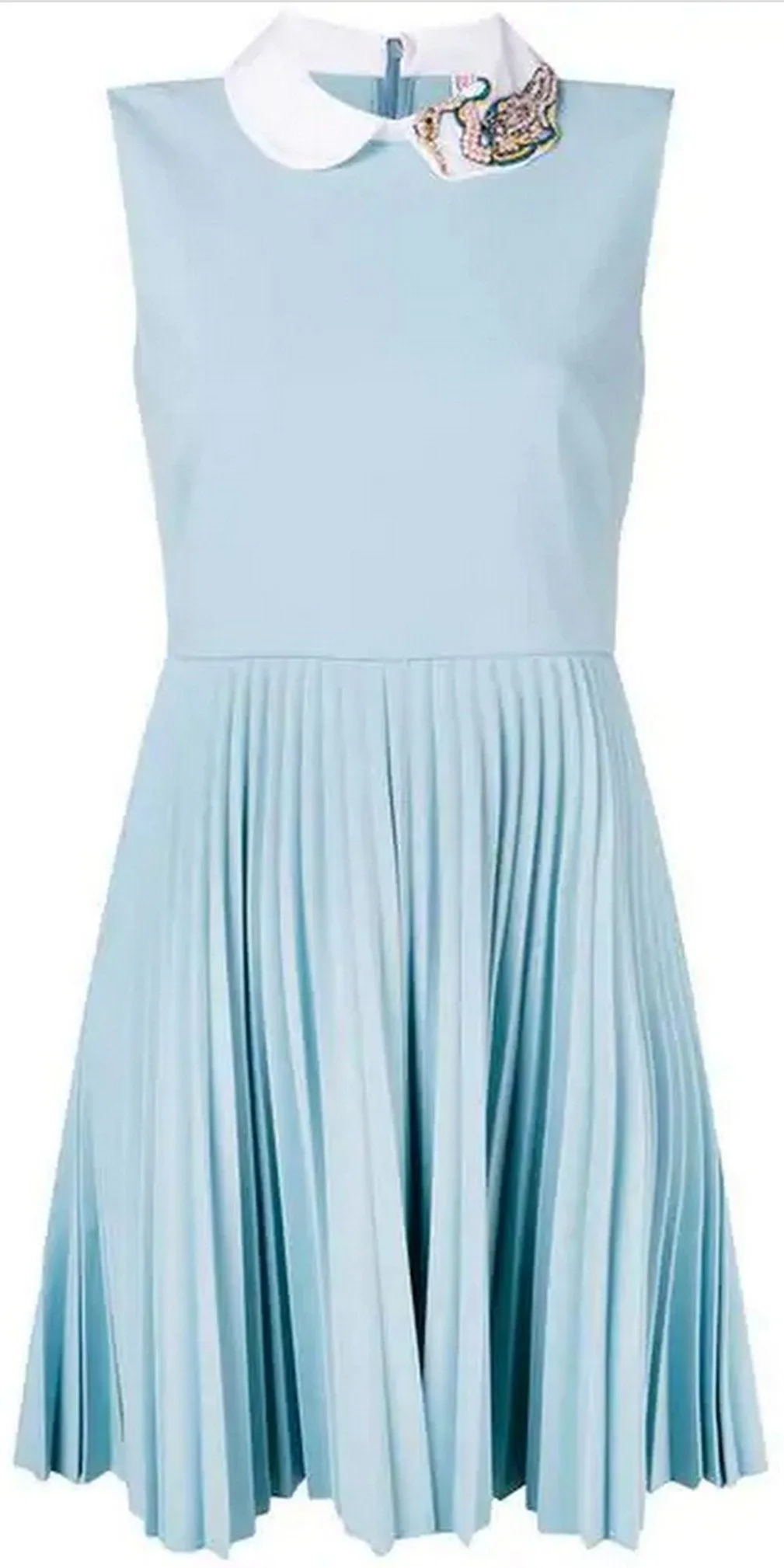 Embellished Collar Flared Pleated Dress, Blue