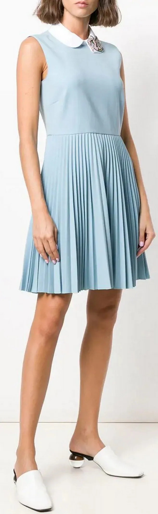 Embellished Collar Flared Pleated Dress, Blue