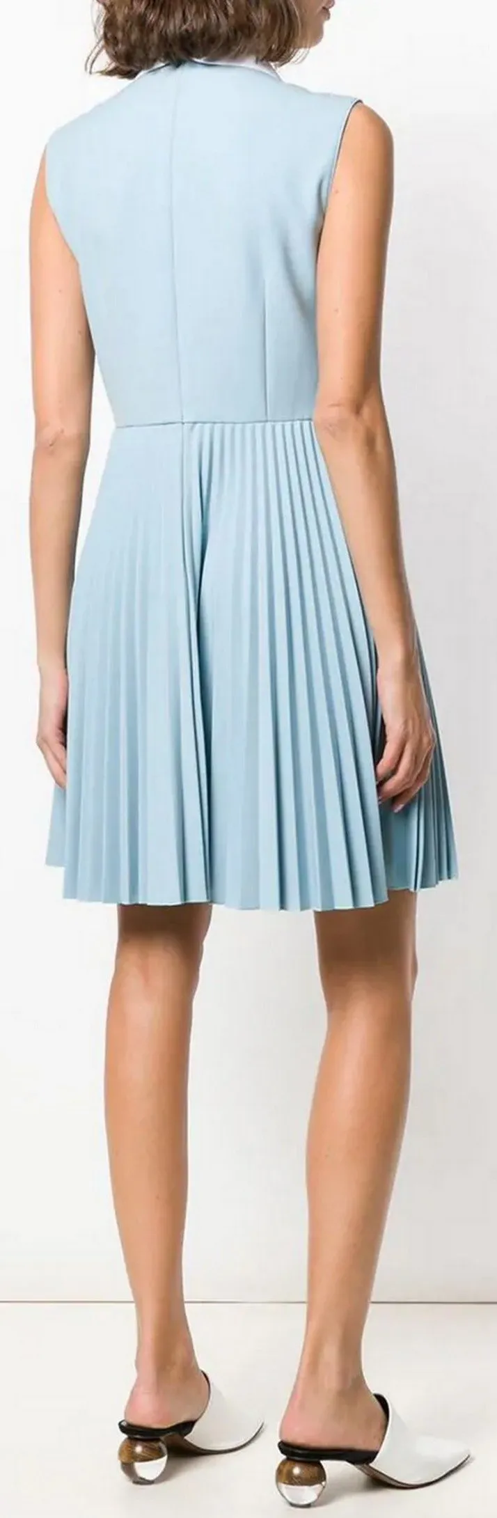 Embellished Collar Flared Pleated Dress, Blue