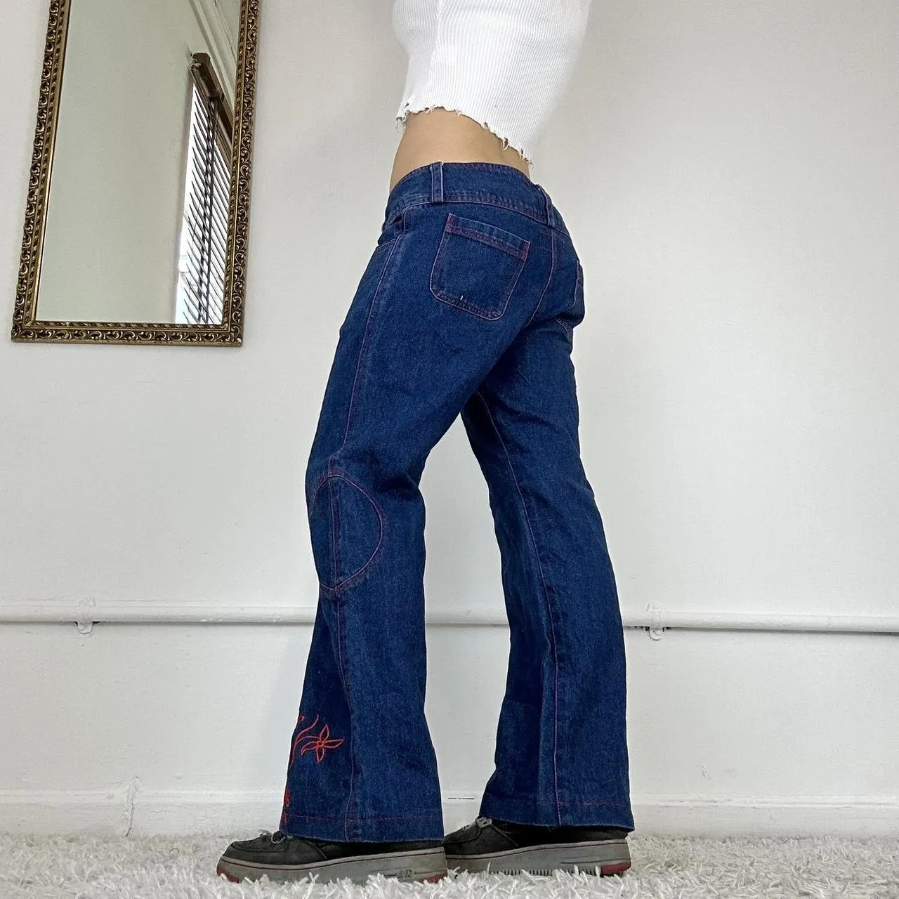 embroidered wide leg jeans