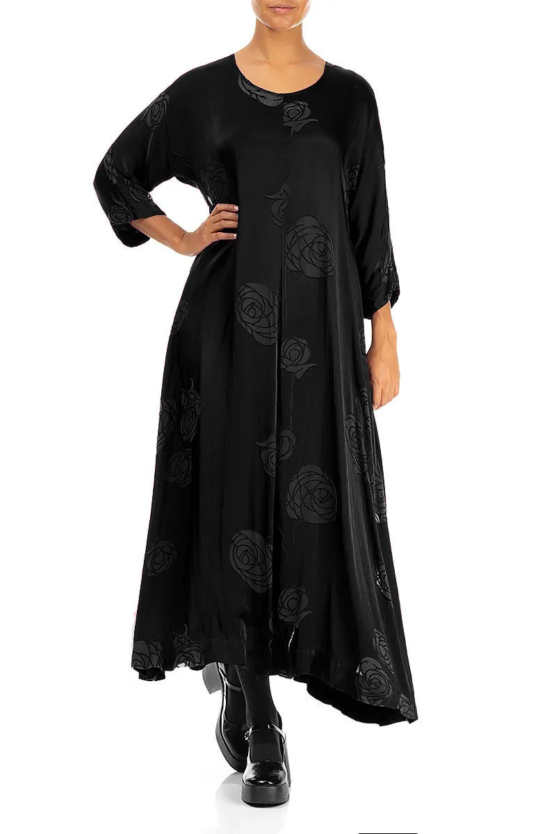 Flared Roses Black Silk Dress