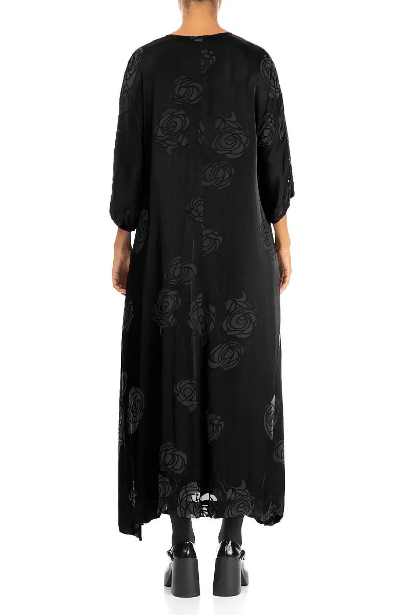 Flared Roses Black Silk Dress