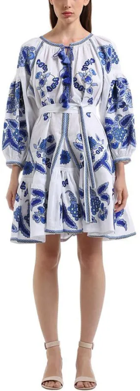 Floral-Embroidered Mini Boho Dress, Blue