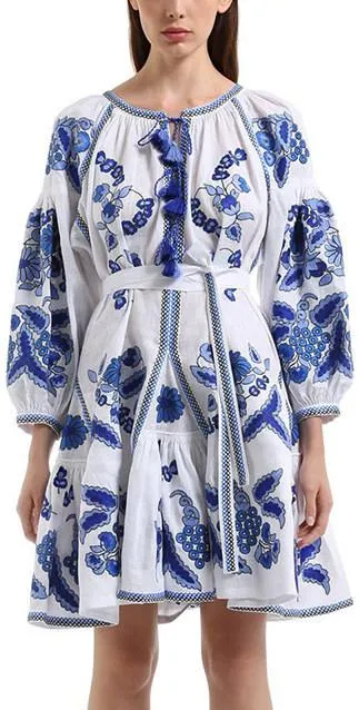 Floral-Embroidered Mini Boho Dress, Blue