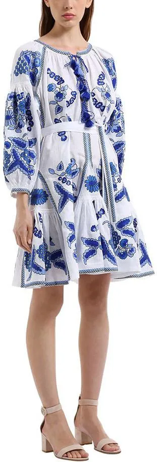 Floral-Embroidered Mini Boho Dress, Blue