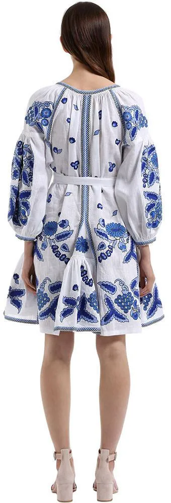 Floral-Embroidered Mini Boho Dress, Blue