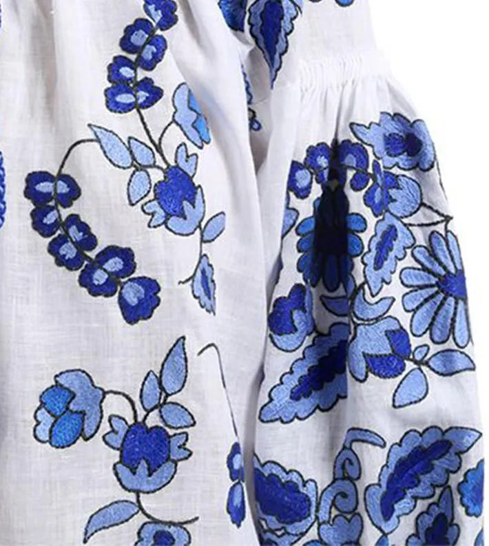 Floral-Embroidered Mini Boho Dress, Blue