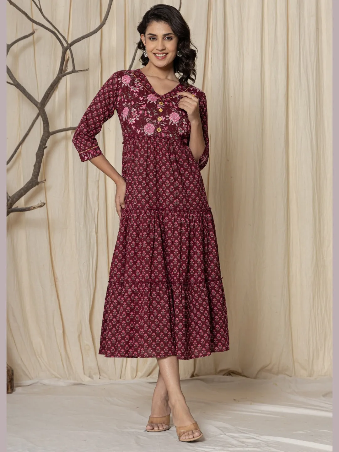 Floral Print Tiered Ankle Length Dress - Wine