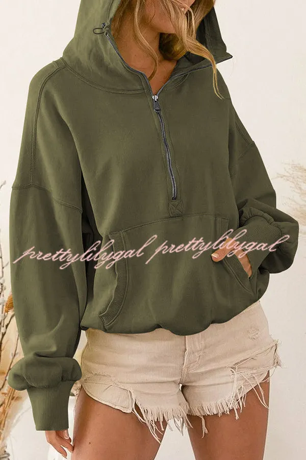 Front Pocket Zip Drawstring Long Sleeve Hoodie