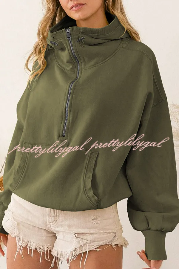 Front Pocket Zip Drawstring Long Sleeve Hoodie