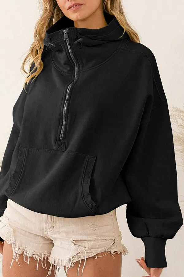 Front Pocket Zip Drawstring Long Sleeve Hoodie