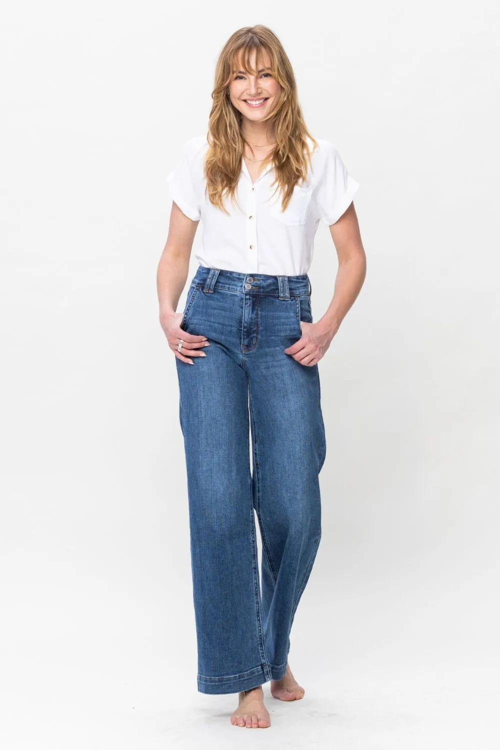 Full Size Double Button Wide Leg Jeans