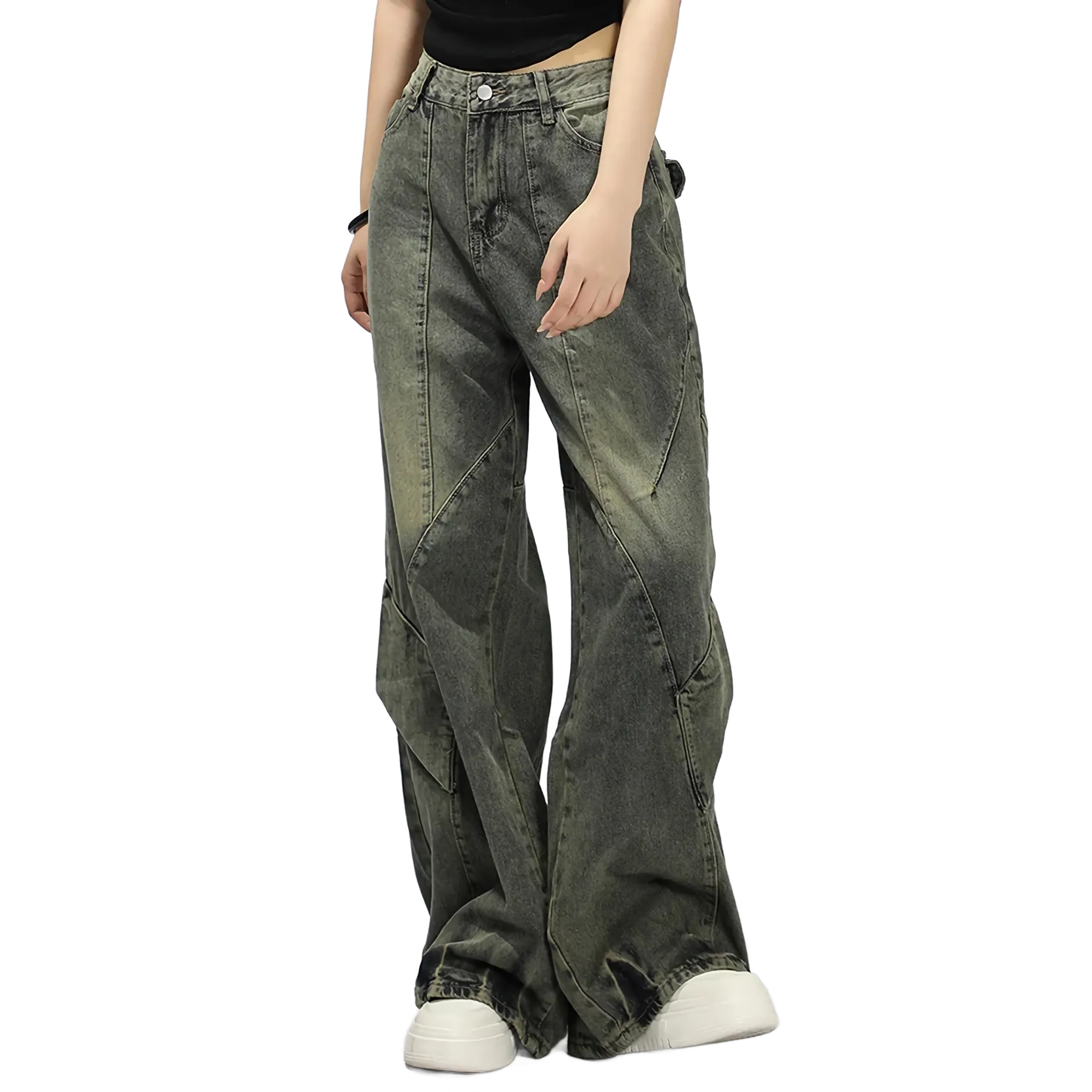 Geometric Patchwork Wide-Leg Jeans