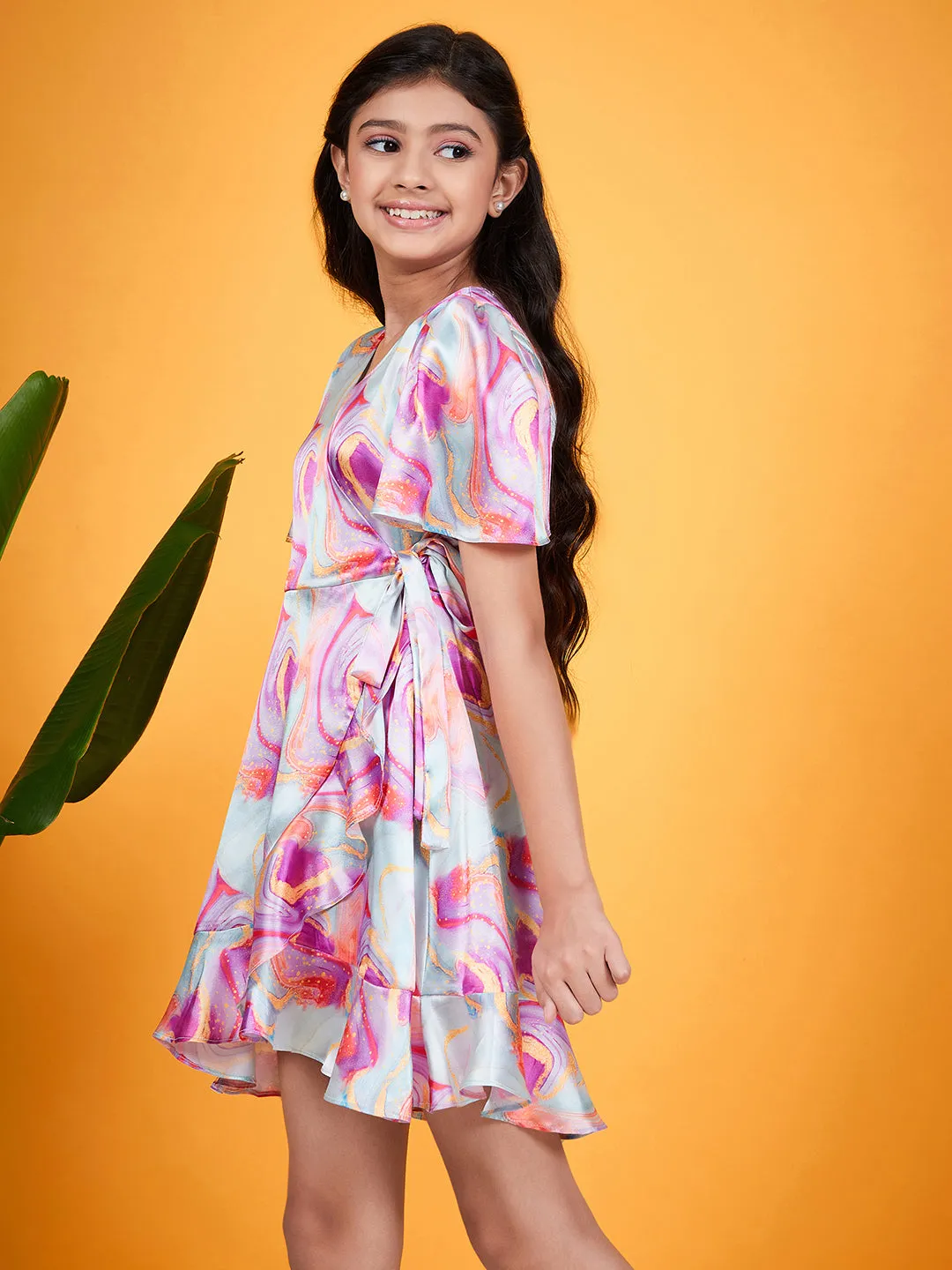 Girls Abstract Printed V-Neck Flared Sleeves Tie-Up Satin Fit Flare Dress - Ps Peaches