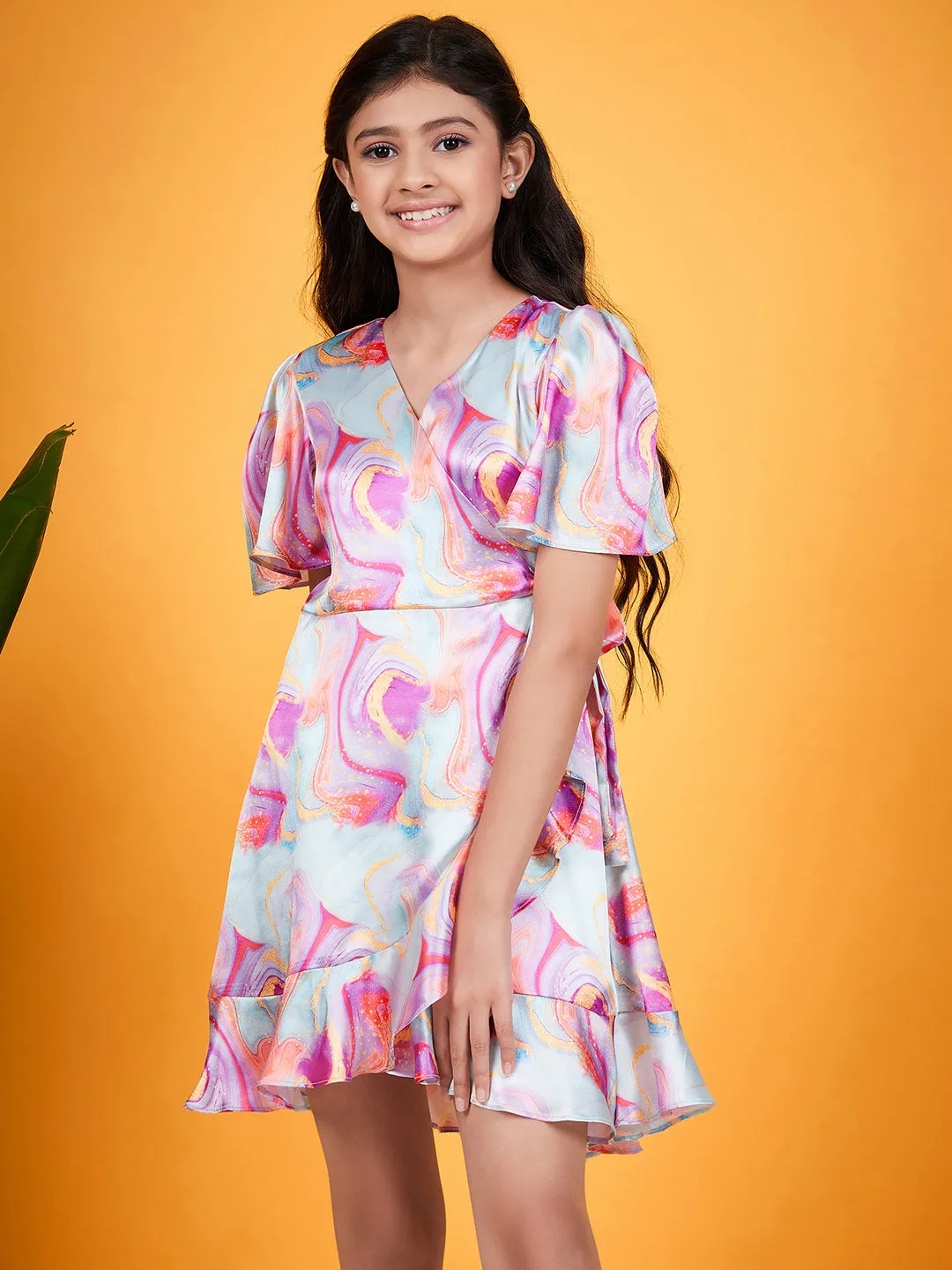 Girls Abstract Printed V-Neck Flared Sleeves Tie-Up Satin Fit Flare Dress - Ps Peaches