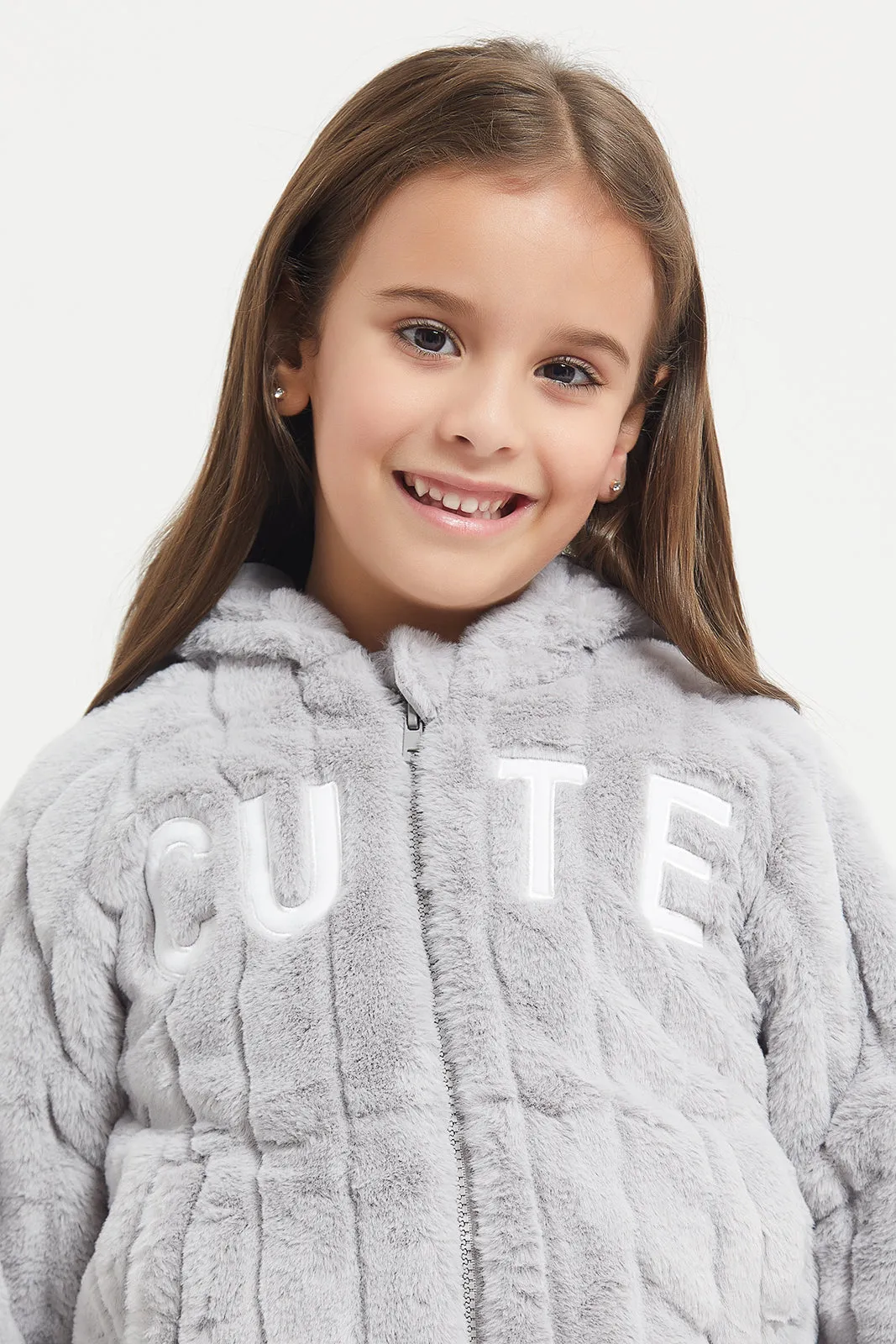 Girls Grey Zip Hooded Sweatshirt