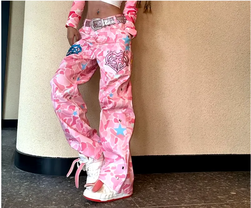 Girls Wide Leg Jeans - Girls Pink Camo Embroidered Wide-Leg Jeans