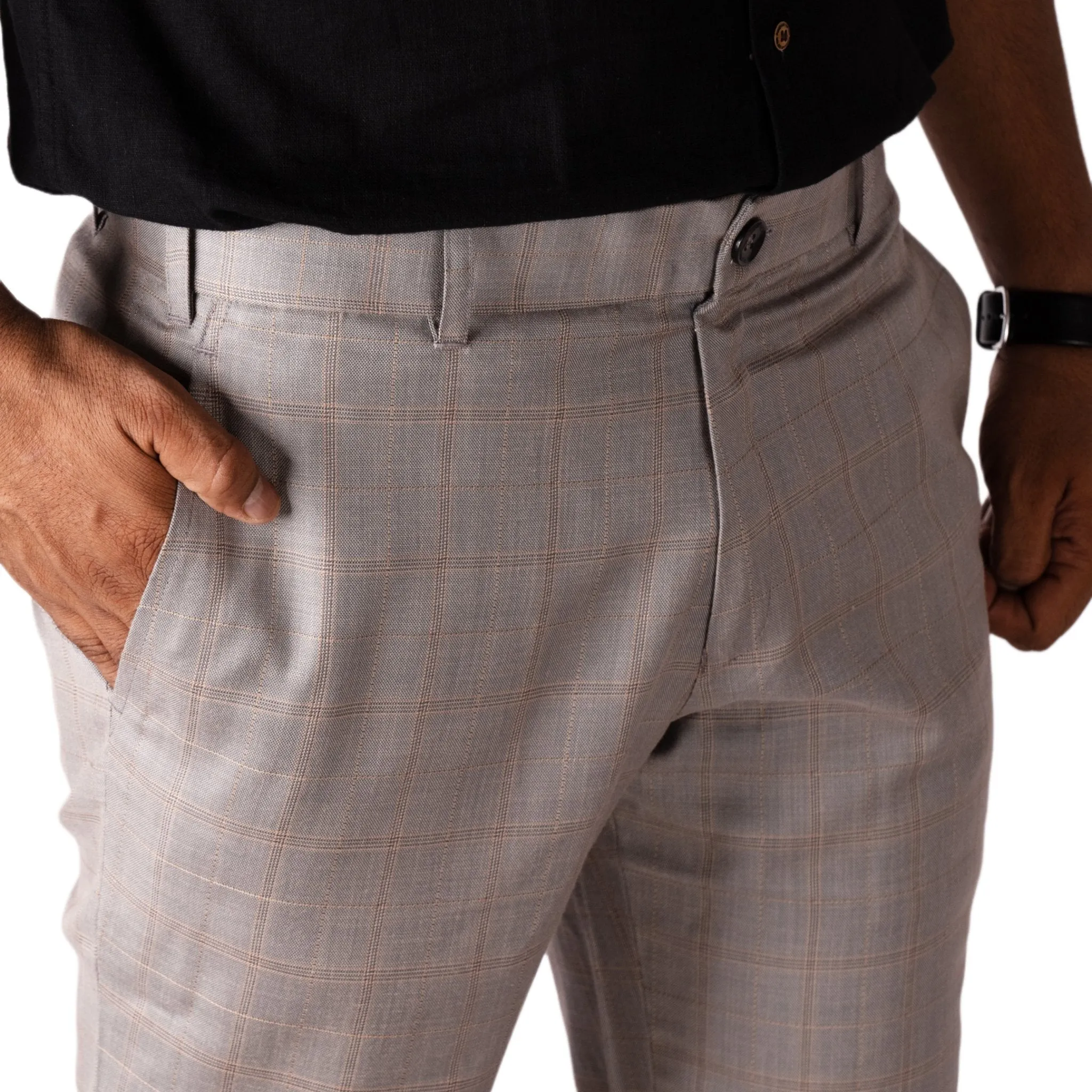 Grey color check blend cotton trousers pant for men