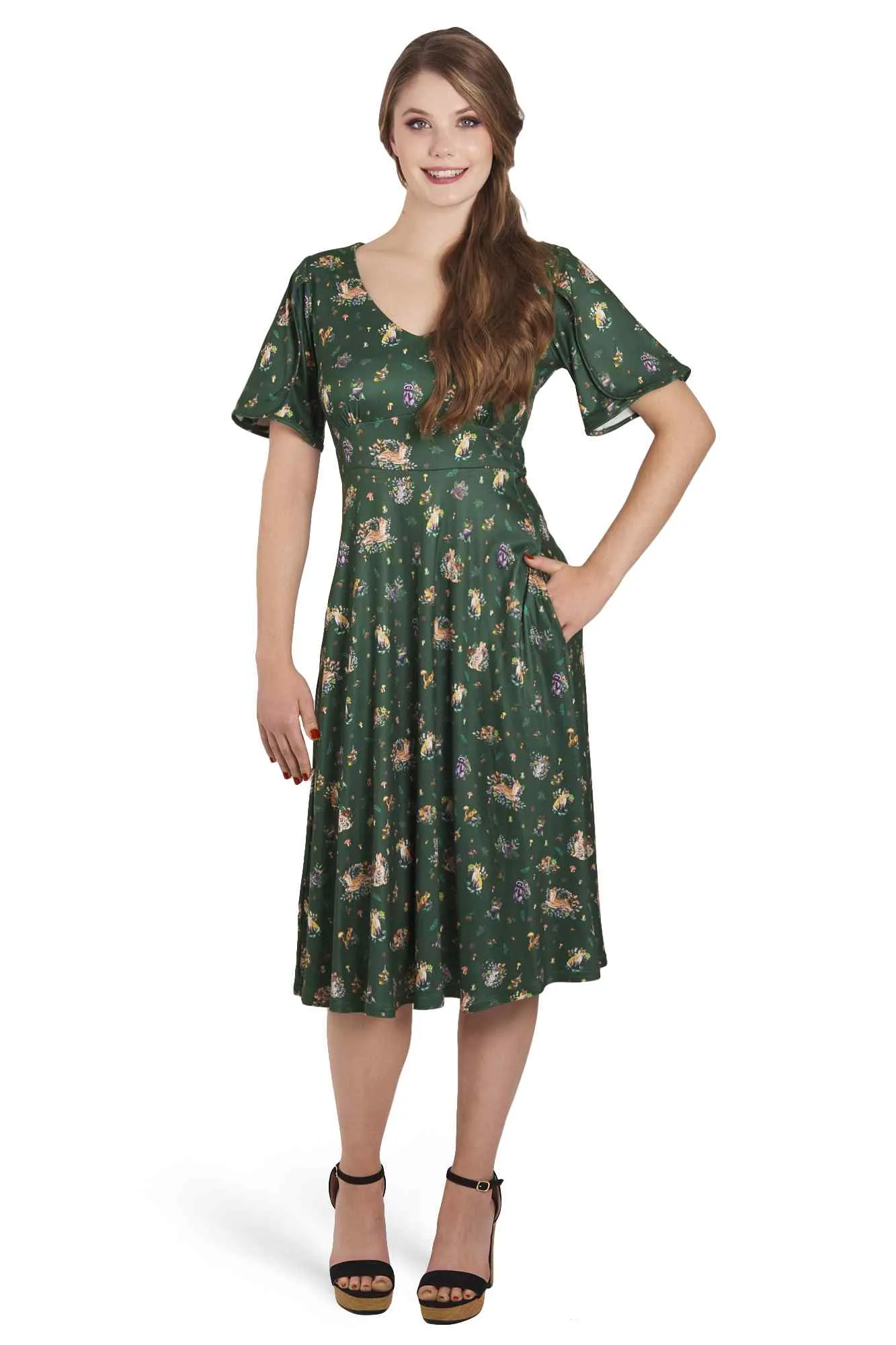 Janice Green Woodland Petal Sleeved Flared Tea Dress