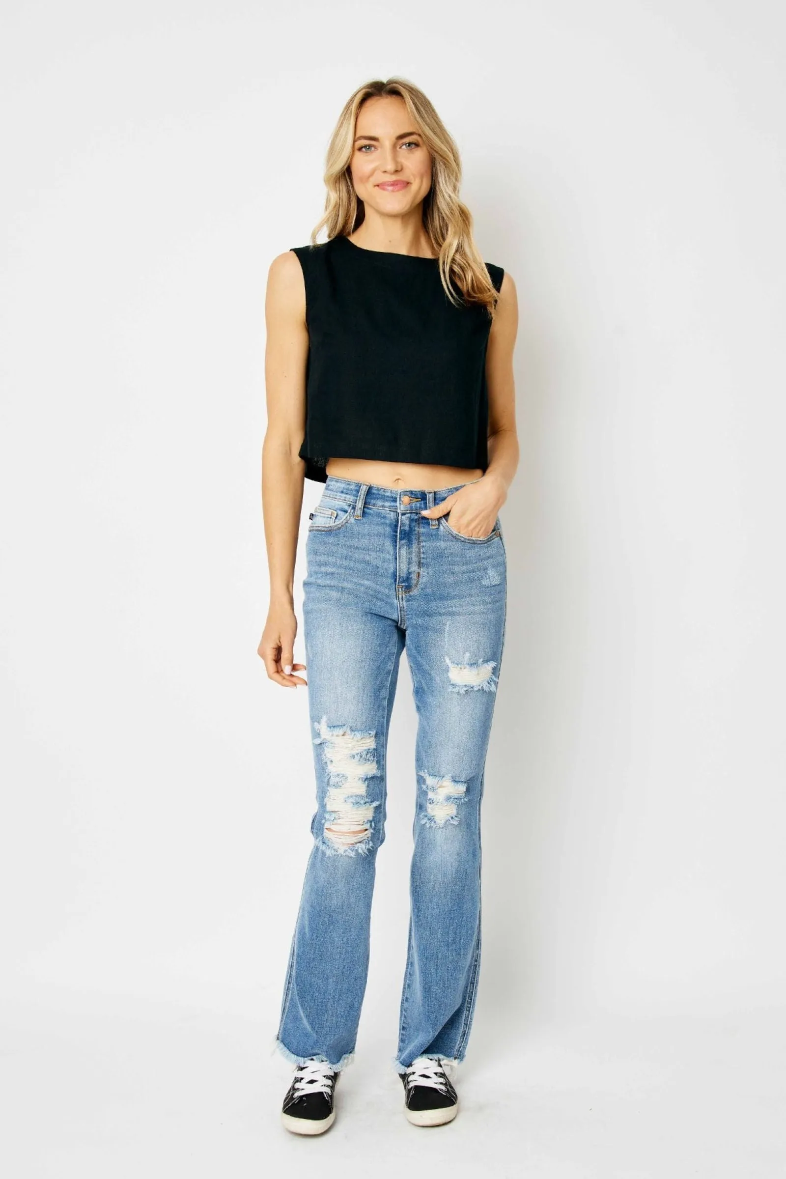 Judy Blue High Waist Destroy Fray Hem Bootcut Jeans