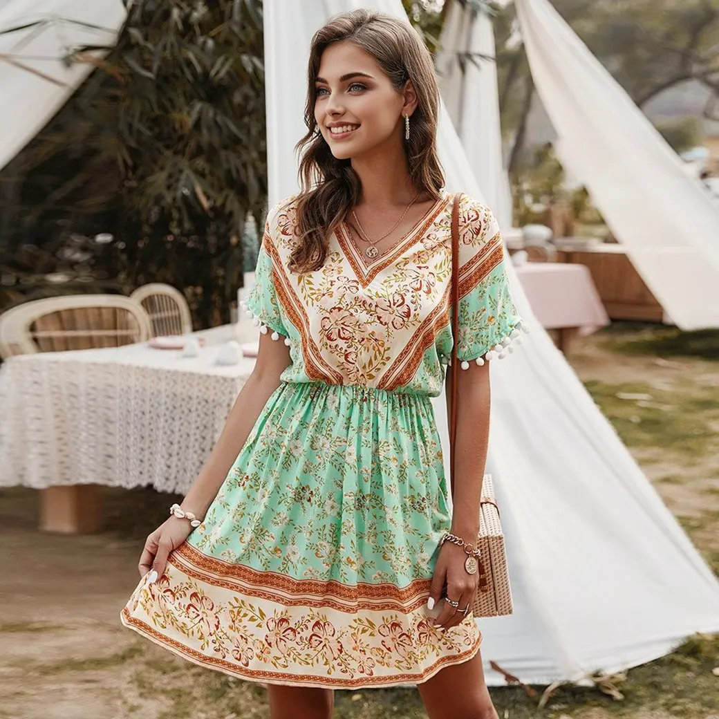 JuliaFashion - 2024 Short Sleeve Geometric Print Boho Dress