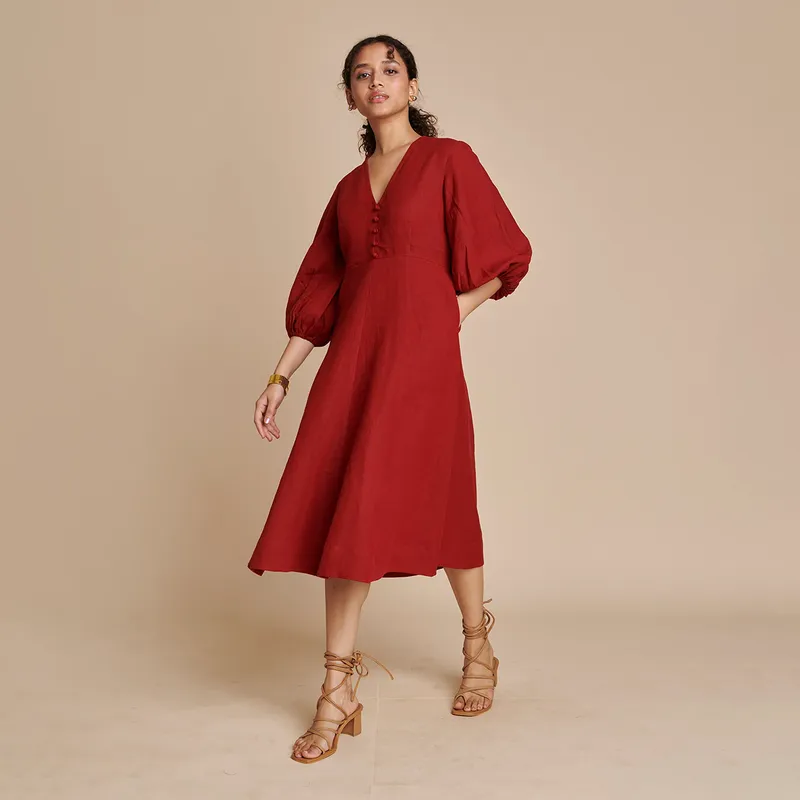 Linen Midi Dress for Women | Red | Puff Sleeves