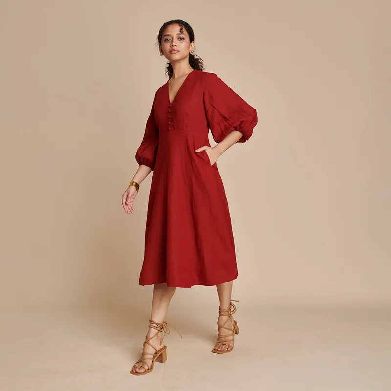 Linen Midi Dress for Women | Red | Puff Sleeves