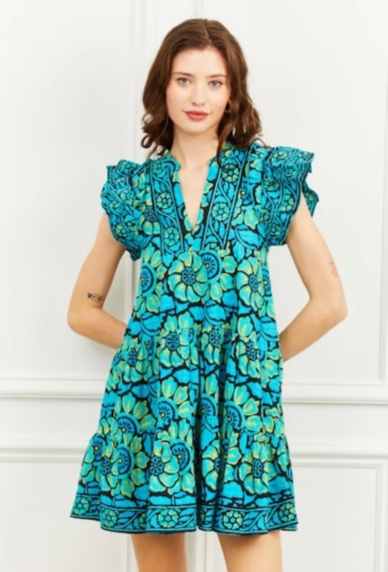 Lo6017 Turquoise Flutter Sleeve Dress