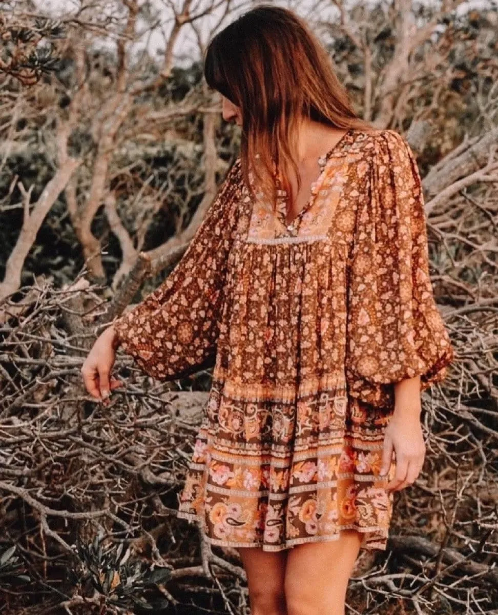 Madame Peacock Boho Mini Dress Coffee