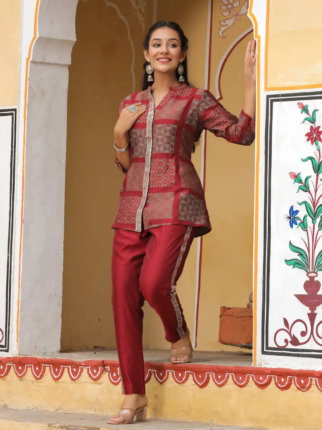 Maroon Chanderi Jacquard Longline Ethnic Top With Pants