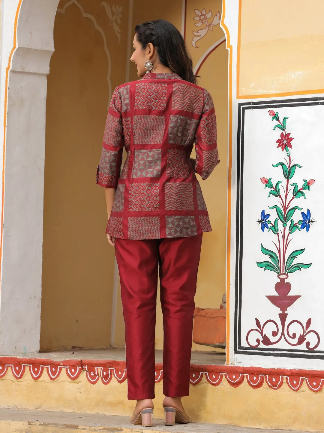 Maroon Chanderi Jacquard Longline Ethnic Top With Pants