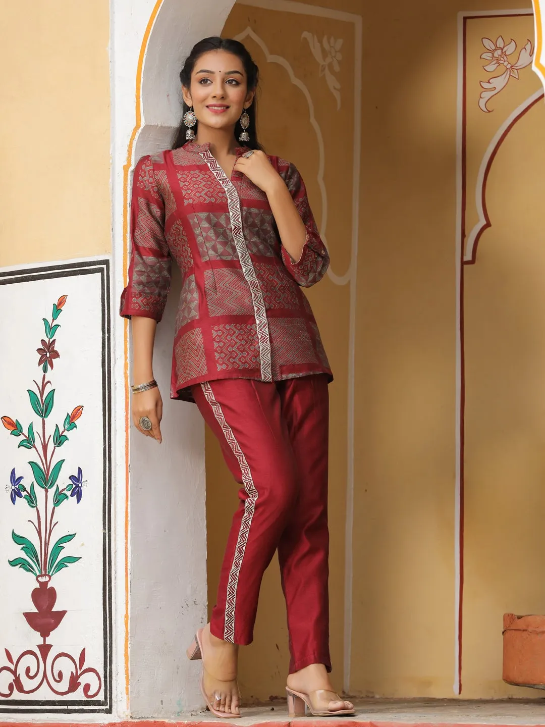 Maroon Chanderi Jacquard Longline Ethnic Top With Pants