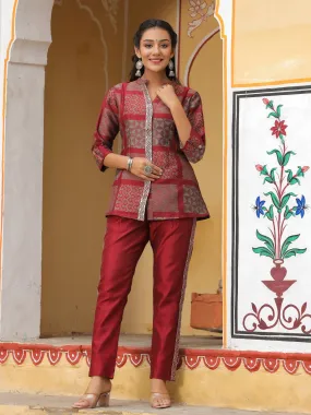 Maroon Chanderi Jacquard Longline Ethnic Top With Pants