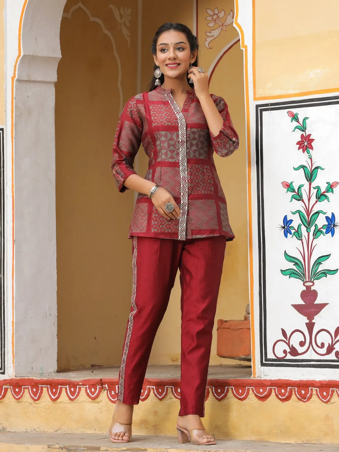 Maroon Chanderi Jacquard Longline Ethnic Top With Pants