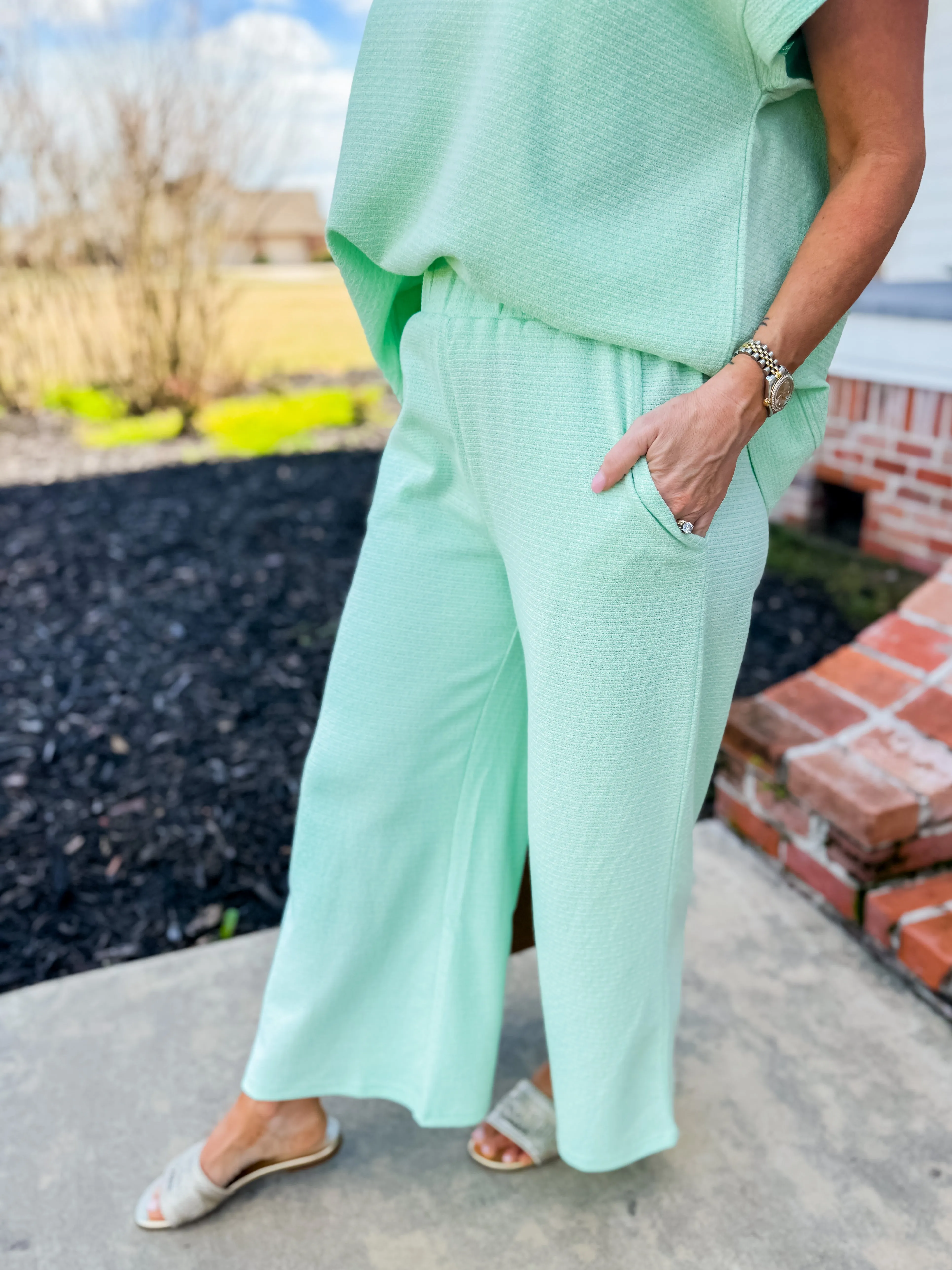 Mint Metallic Textured Short Sleeve & Pants Lounge Set