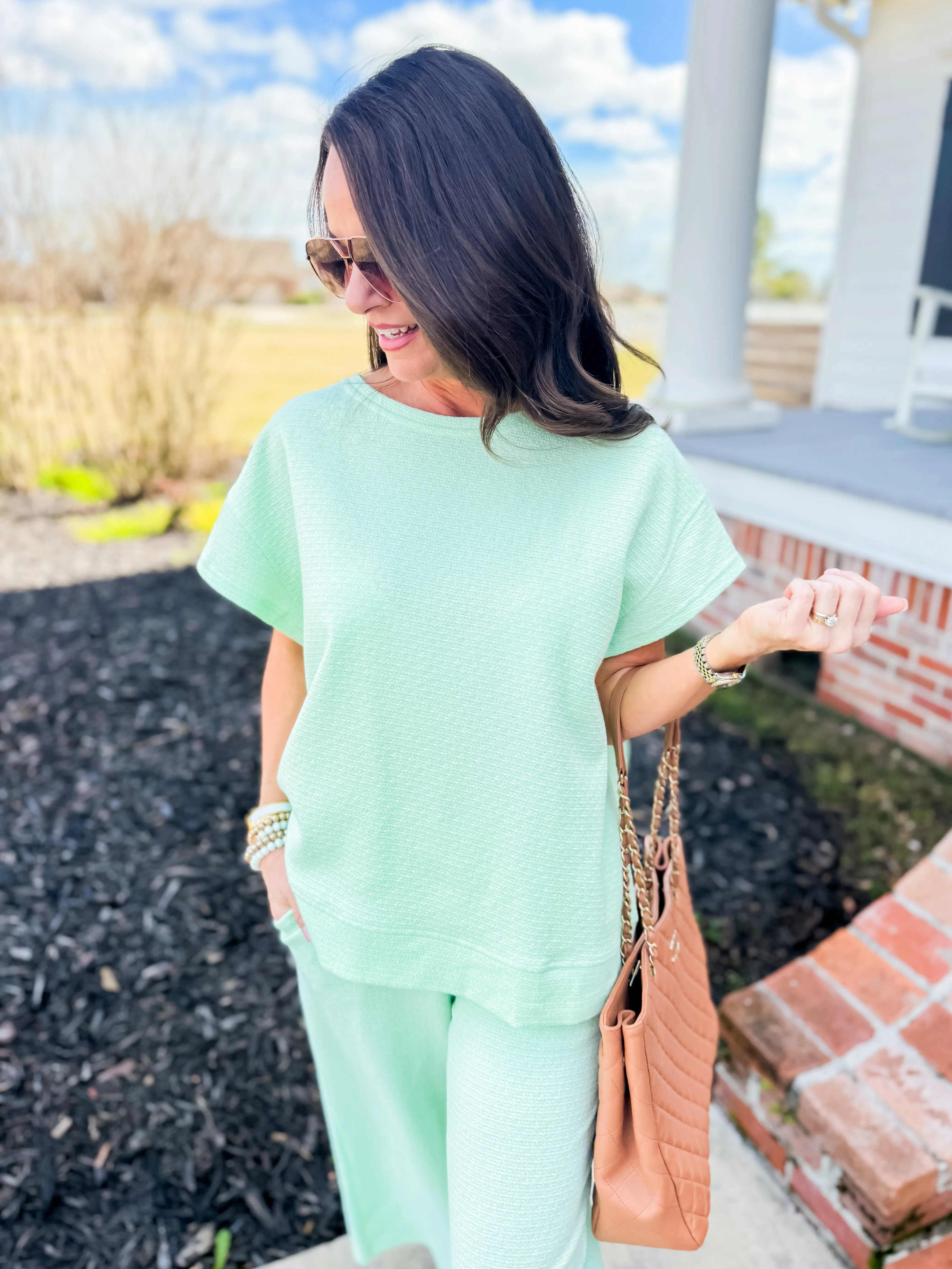 Mint Metallic Textured Short Sleeve & Pants Lounge Set