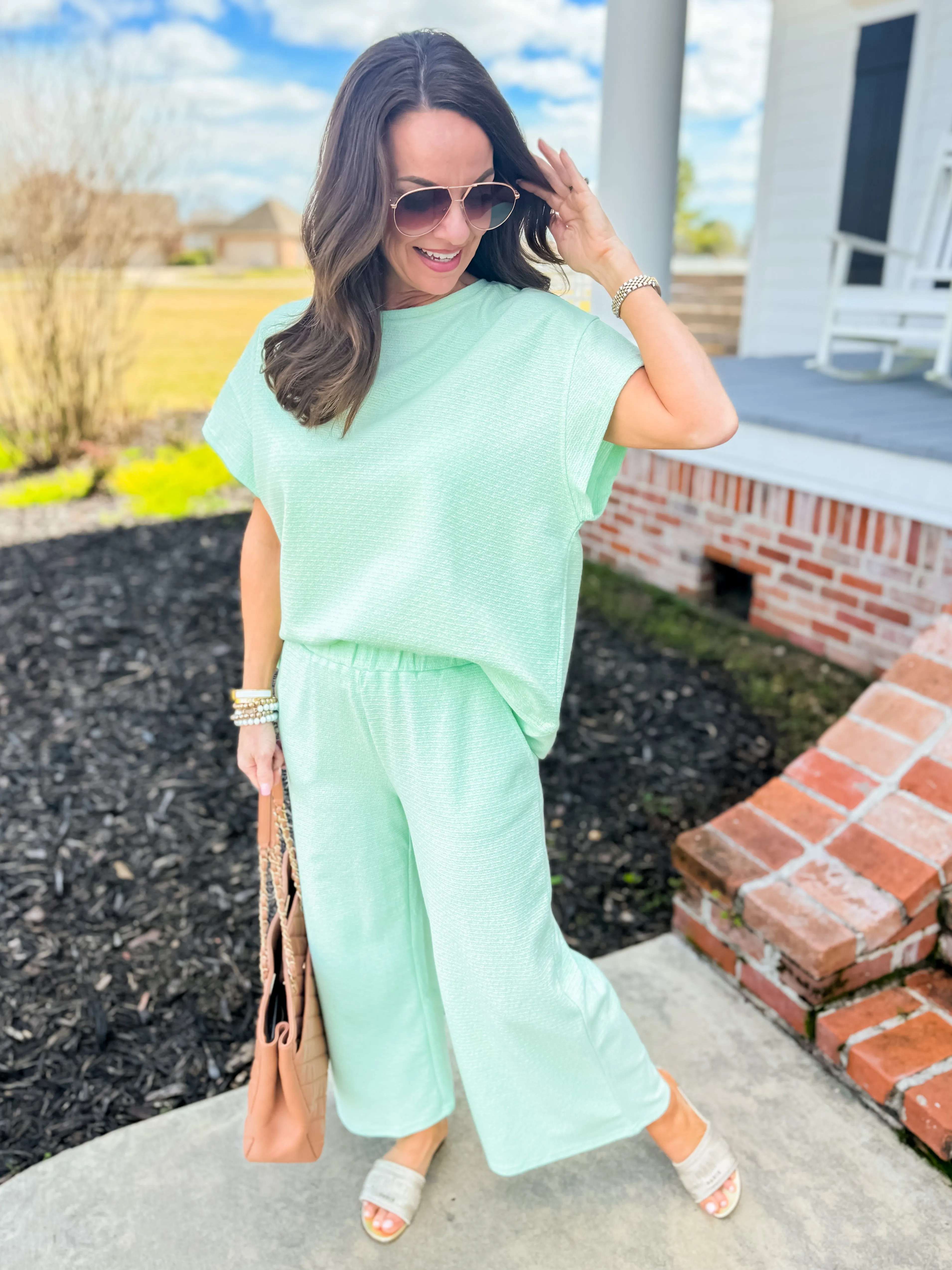 Mint Metallic Textured Short Sleeve & Pants Lounge Set