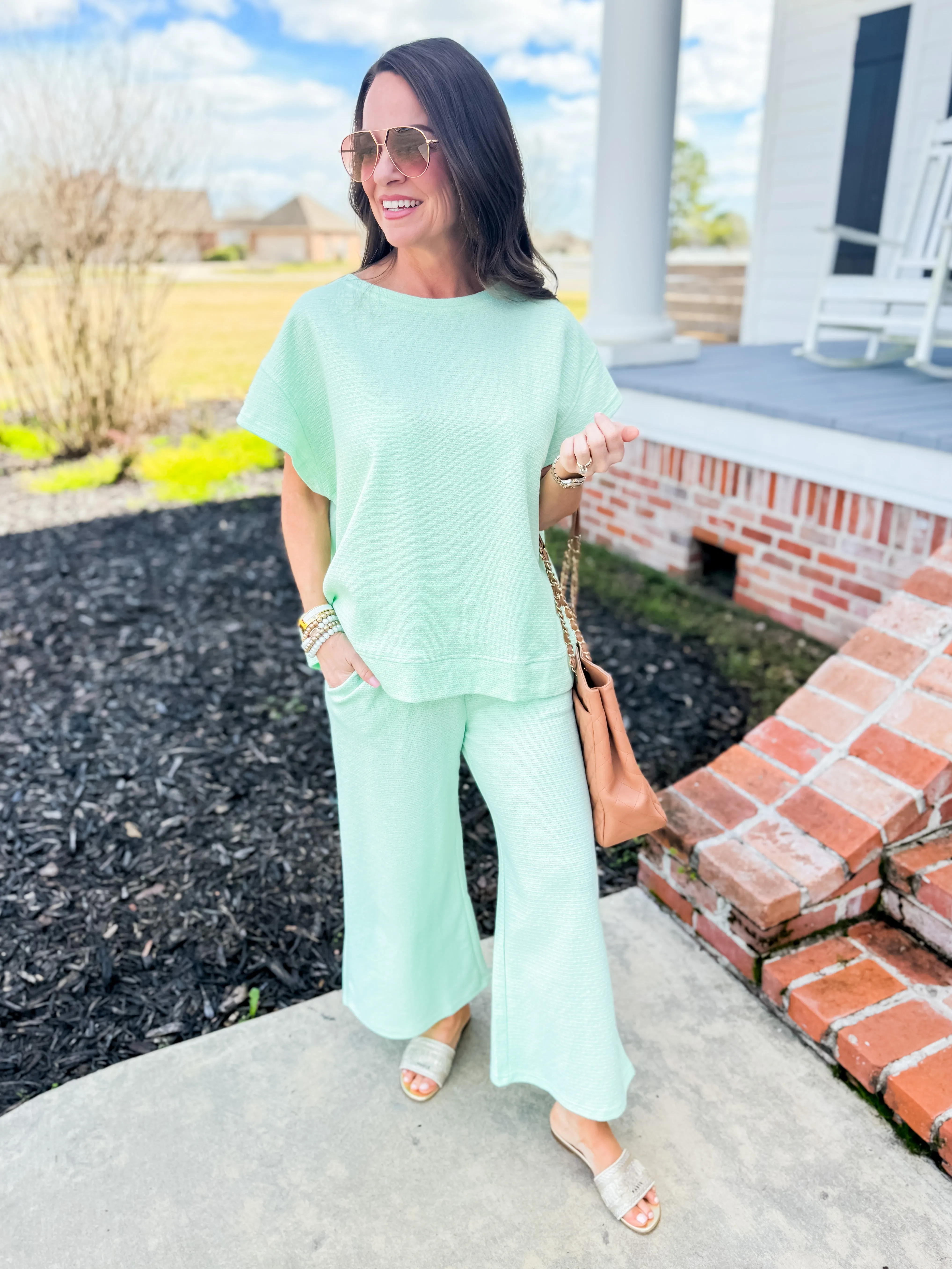 Mint Metallic Textured Short Sleeve & Pants Lounge Set