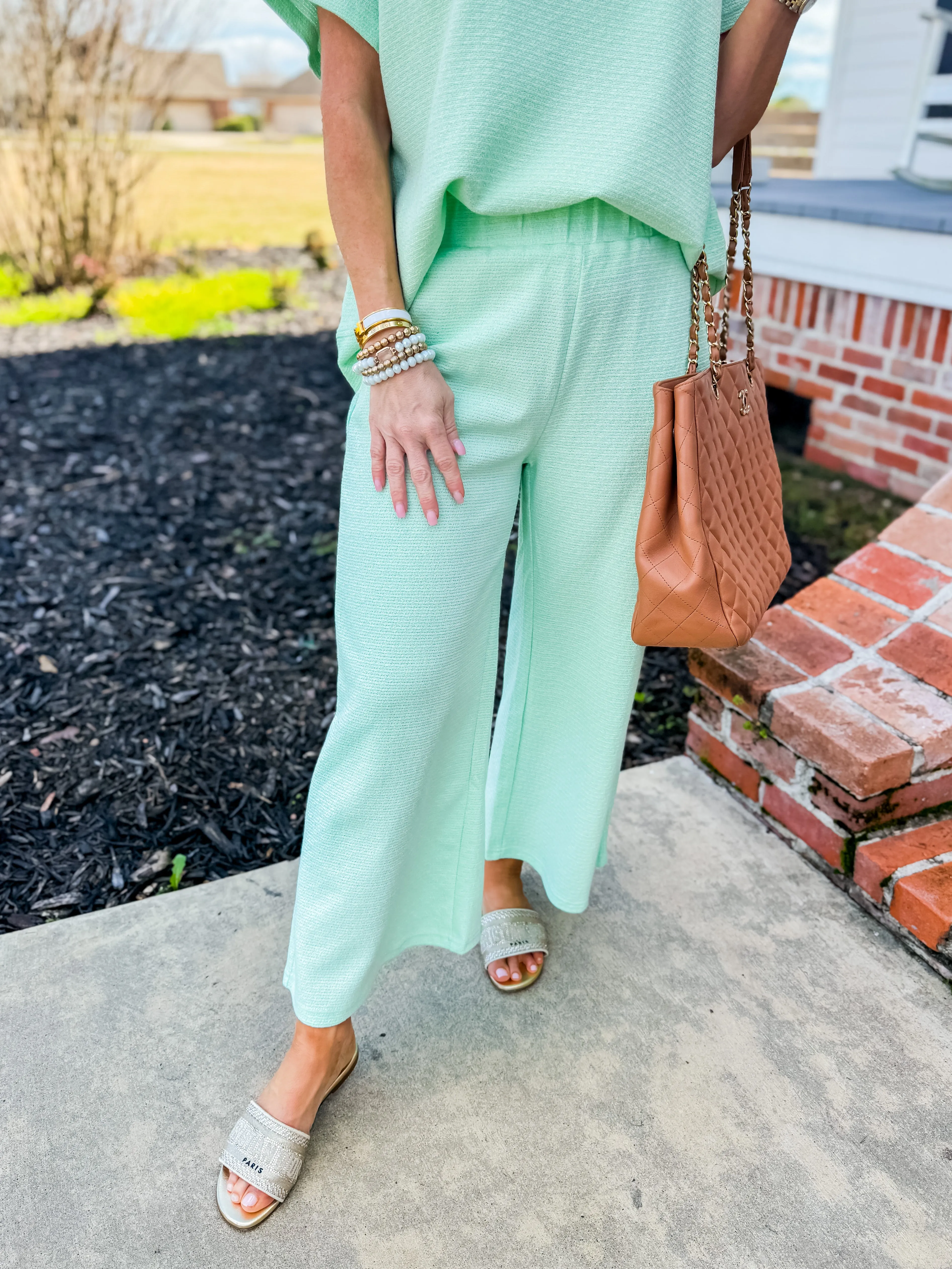 Mint Metallic Textured Short Sleeve & Pants Lounge Set