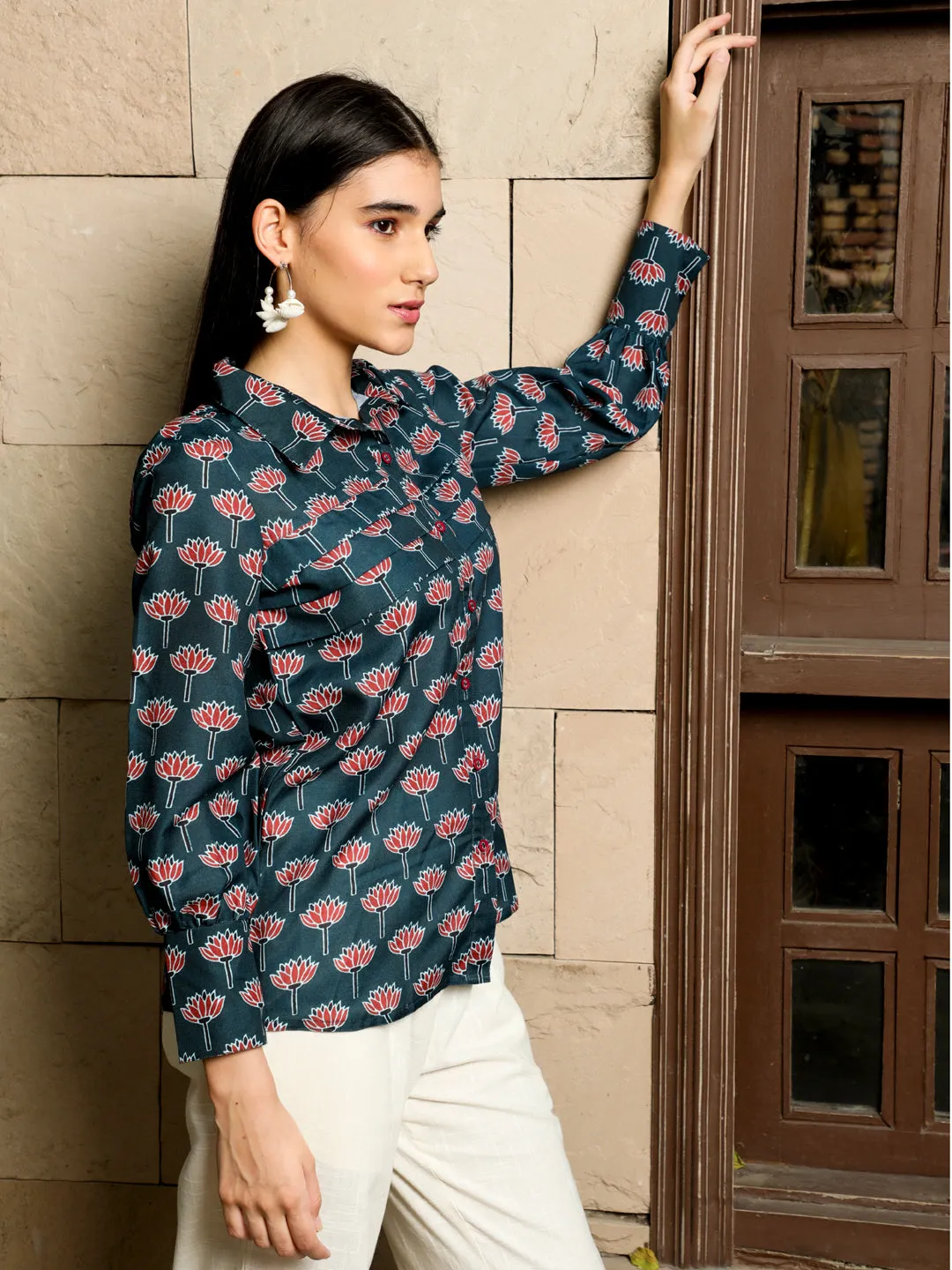 Navy Blue Lotus Print Full Sleeved Shirt