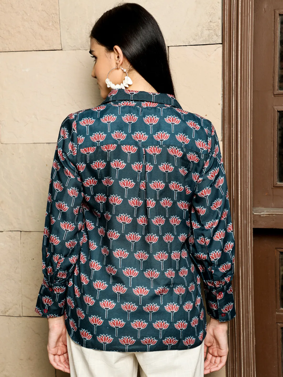 Navy Blue Lotus Print Full Sleeved Shirt