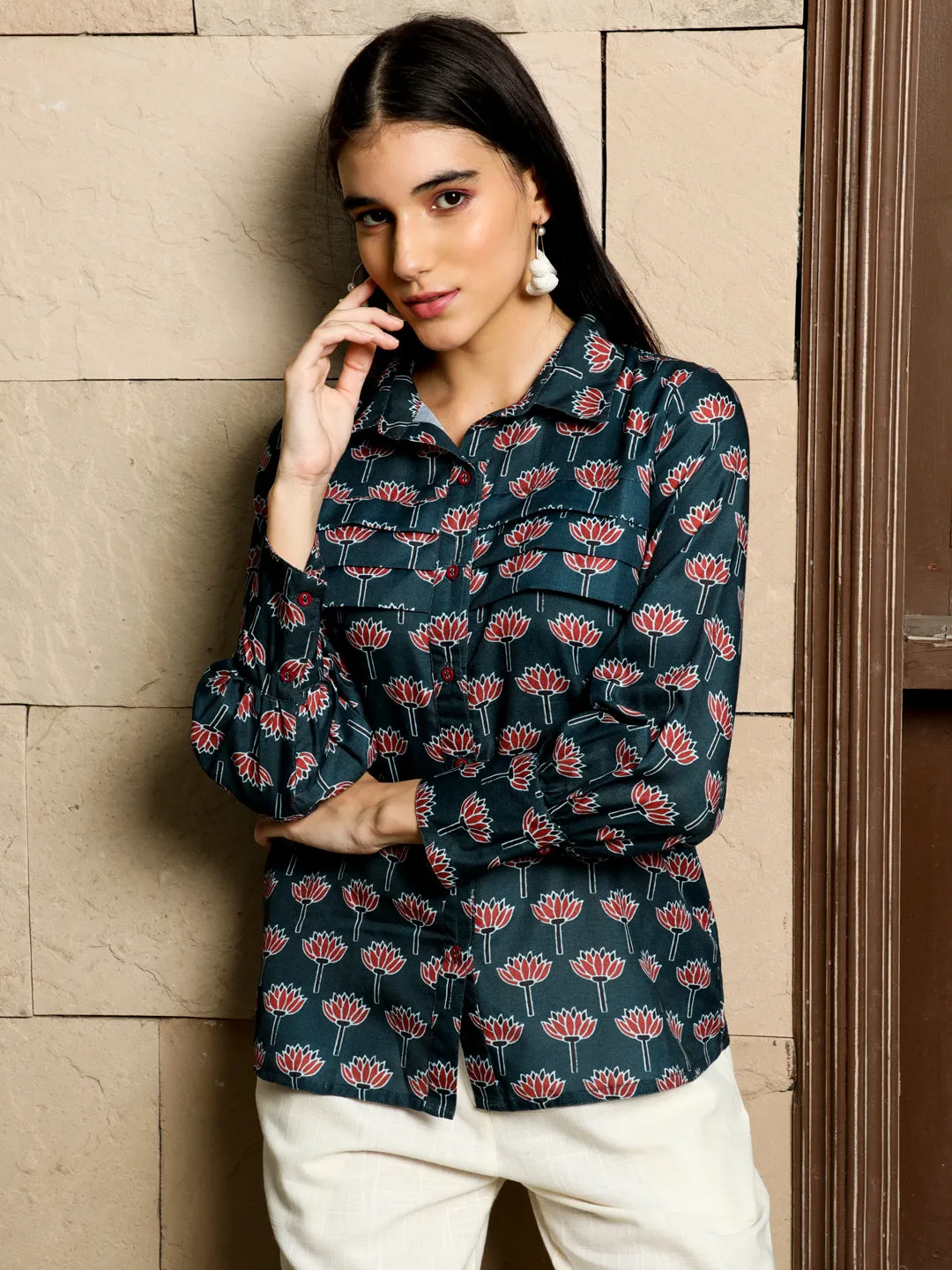 Navy Blue Lotus Print Full Sleeved Shirt