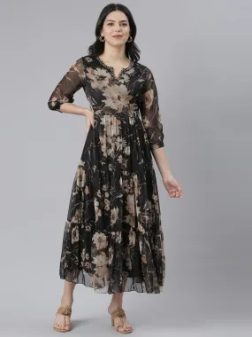 Neeru's Black Flared Casual Floral Dresses