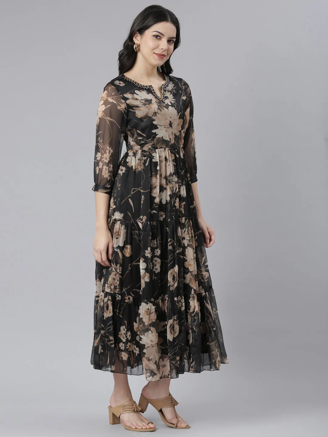 Neeru's Black Flared Casual Floral Dresses