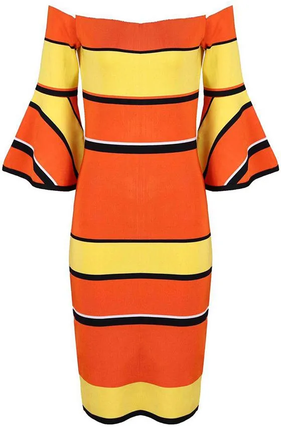 Off-the-Shoulder Color-Block Flared-Sleeve Stretch Mini Dress