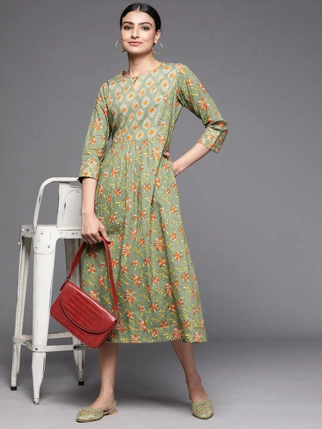 Olive Printed Cotton Dress