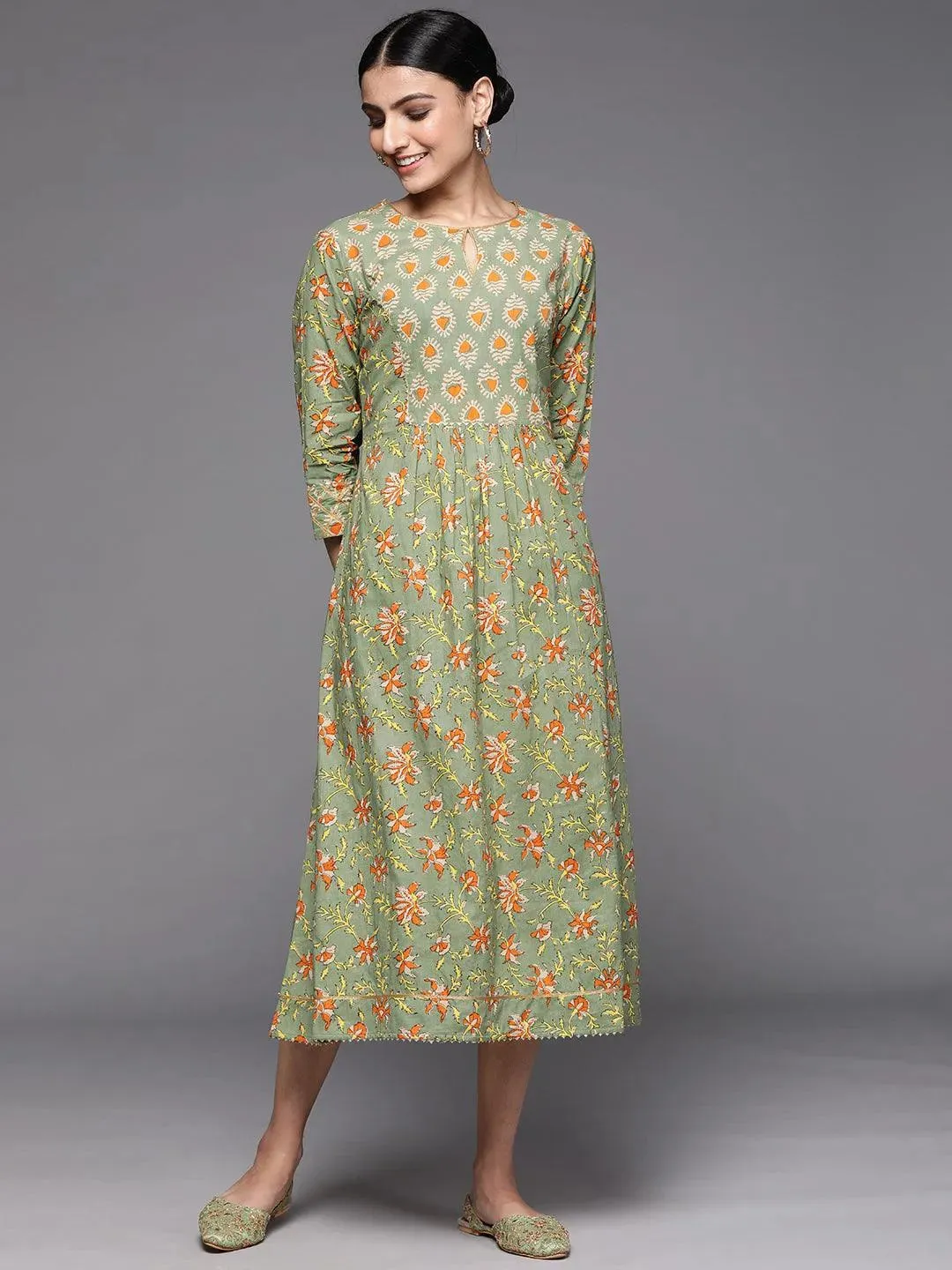 Olive Printed Cotton Dress