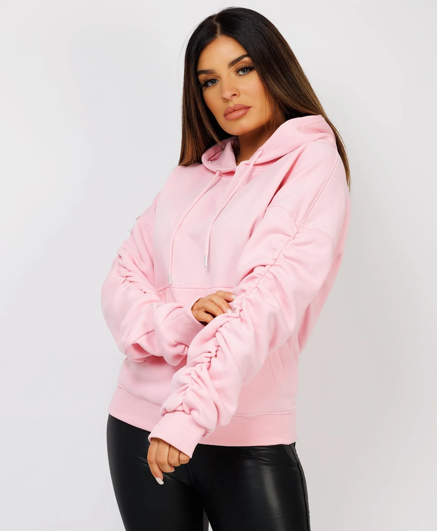 Pink Ruched Sleeve Oversized Fit Hoodie