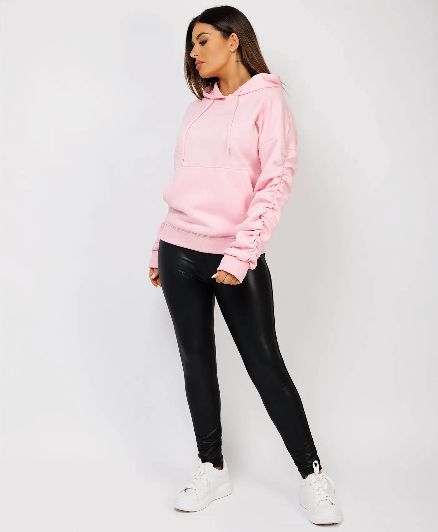 Pink Ruched Sleeve Oversized Fit Hoodie