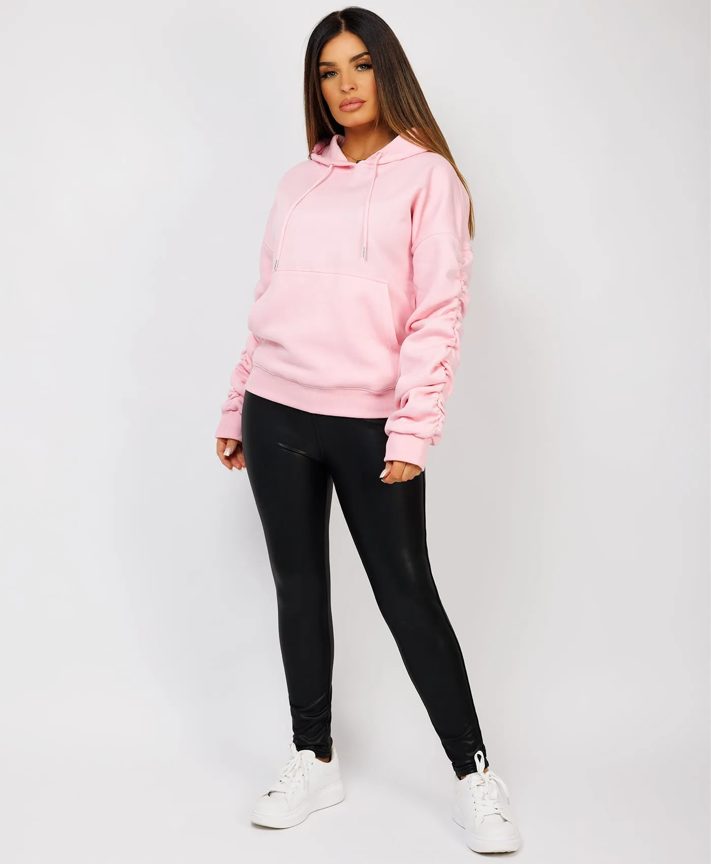 Pink Ruched Sleeve Oversized Fit Hoodie